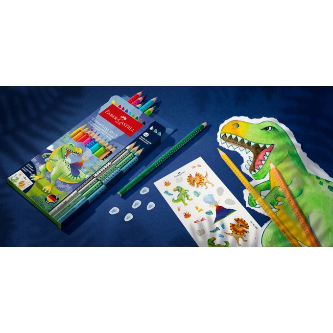 KREDKI GRIP 2001 EDYCJA DINOZAURY, 10 KREDEK GRIP + 3 KOLORY METALICZNE + NAKLEJKI FABER-CASTELL