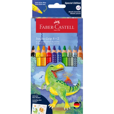 KREDKI JUMBO GRIP EDYCJA DINOZAURY FABER-CASTELL 8 KOLORÓW STANDARDOWYCH + 2 KOLORY METALICZNE + NAKLEJKI