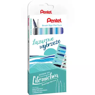 Zestaw 6 dwustronnych pisaków do kaligrafii i liternictwa Pentel, lazurowe wybrzeże