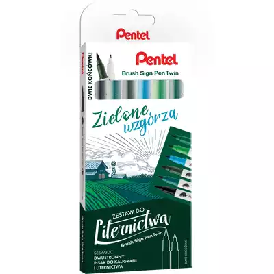 Zestaw 6 dwustronnych pisaków do kaligrafii i liternictwa Pentel, zielone wzgórza
