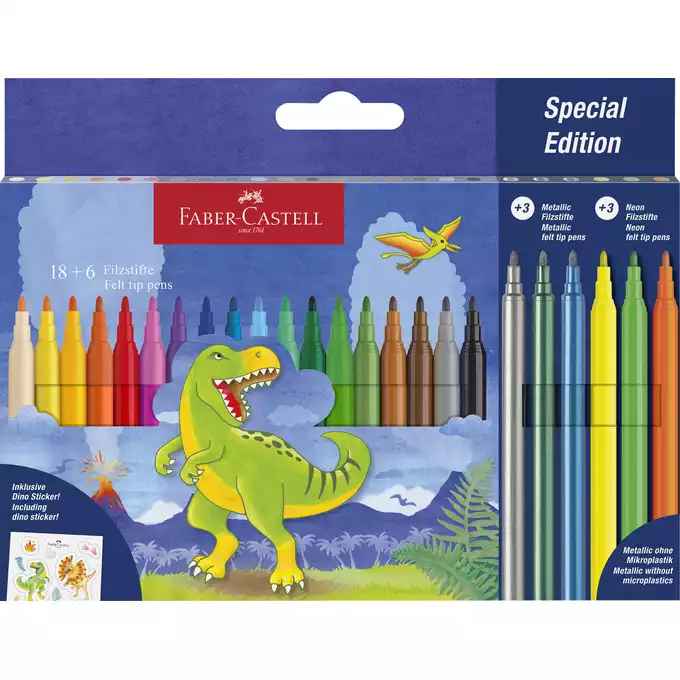 FLAMASTRY ZAMEK FABER-CASTELL EDYCJA DINOZAURY - 18 KOL. STANDARDOWYCH + 3 KOL. METALICZNE + 3 KOL. NEONOWE  + NAKLEJKI