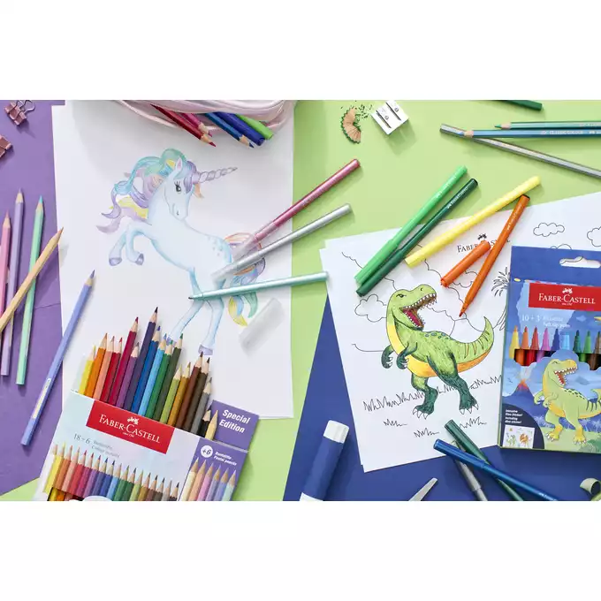 FLAMASTRY ZAMEK FABER-CASTELL EDYCJA DINOZAURY - 18 KOL. STANDARDOWYCH + 3 KOL. METALICZNE + 3 KOL. NEONOWE  + NAKLEJKI