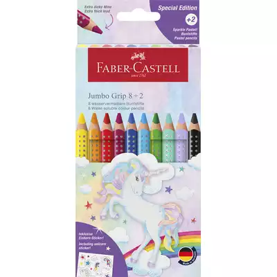 KREDKI JUMBO GRIP, FABER-CASTELL, EDYCJA JEDNOROŻEC, 8 KOL. STANDARDOWYCH + 2 KOL. PASTELOWE + NAKLEJKI