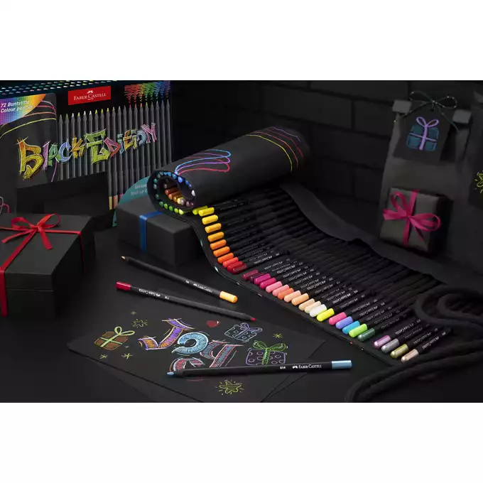 KREDKI TRÓJKĄTNE BLACK EDITION FABER-CASTELL, 72 KOLORY, PIÓRNIK ROLOWANY
