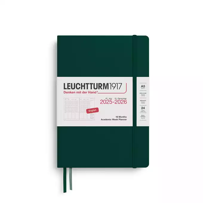 PLANER TYGODNIOWY AKADEMICKI LEUCHTTURM1917 MEDIUM (A5) 2025/2026 18 MIESIĘCY FOREST GREEN