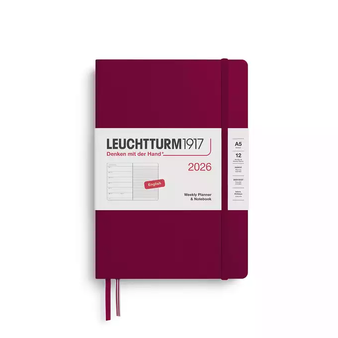 PLANER TYGODNIOWY Z NOTATNIKIEM LEUCHTTURM1917 MEDIUM (A5) 2026 PORT RED (BORDOWY)