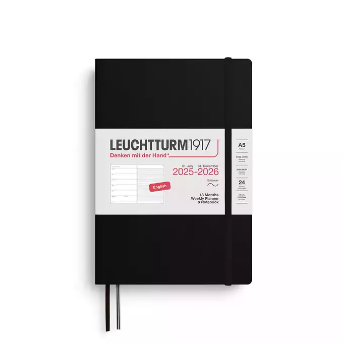 PLANER TYGODNIOWY Z NOTATNIKIEM W MIĘKKIEJ OPRAWIE, LEUCHTTURM1917, 18 MIESIĘCY MEDIUM (A5) 2025/2026, CZARNY