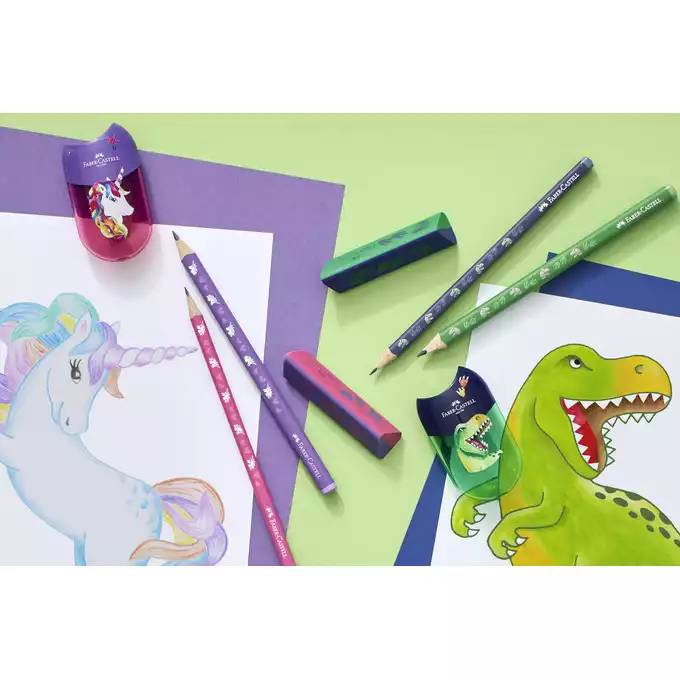 ZESTAW SZKOLNY DINOZAURY 2 X OŁÓWEK + GUMKA BLISTER FABER-CASTELL