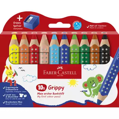 KREDKI GRIPPY FABER-CASTELL, 10 KOLORÓW + TEMPERÓWKA