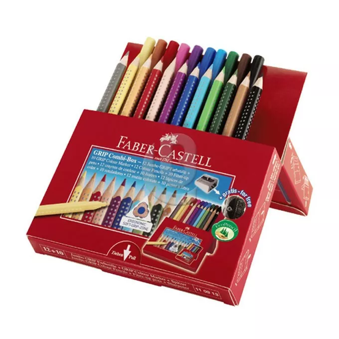 ZESTAW UPOMINKOWY FABER-CASTELL: 12 KREDEK JUMBO GRIP, 10 FLAMASTRÓW GRIP + TEMPERÓWKA