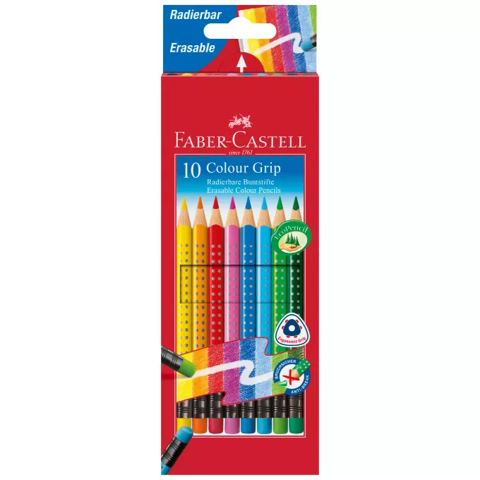 KREDKI WYMAZYWALNE Z GUMKĄ GRIP 2001 FABER-CASTELL, 10 KOLORÓW