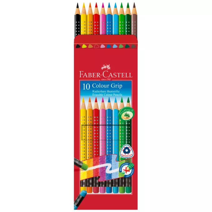 KREDKI WYMAZYWALNE Z GUMKĄ GRIP 2001 FABER-CASTELL, 10 KOLORÓW