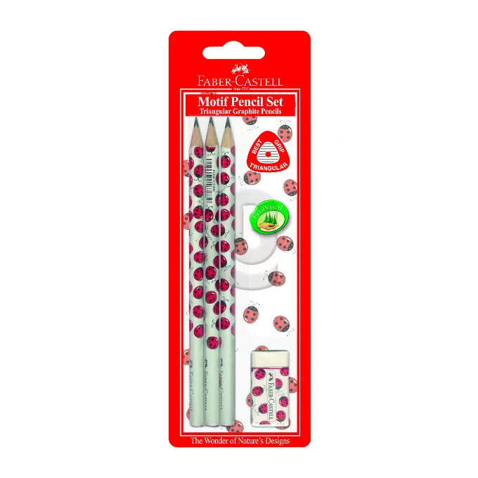 OŁÓWKI TRÓJKĄTNE BIEDRONKA 3  SZT. + GUMKA FABER-CASTELL