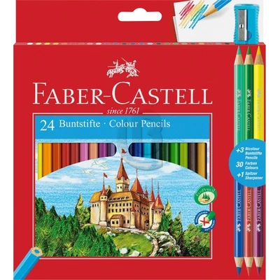 KREDKI ZAMEK FABER-CASTELL, 24 KOLORY + 3 KREDKI DWUSTRONNE + TEMPERÓWKA 