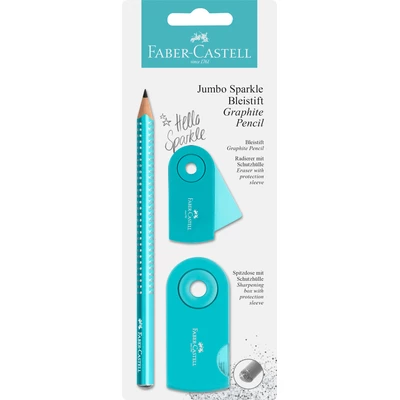 ZESTAW SPARKLE &amp; SLEEVE FABER-CASTELL: OŁÓWEK, TEMPERÓWKA I GUMKA (KOLOR: TURKUSOWY)