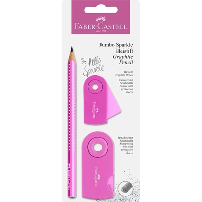 ZESTAW SPARKLE &amp; SLEEVE FABER-CASTELL: OŁÓWEK, TEMPERÓWKA I GUMKA (KOLOR: RÓŻOWY)