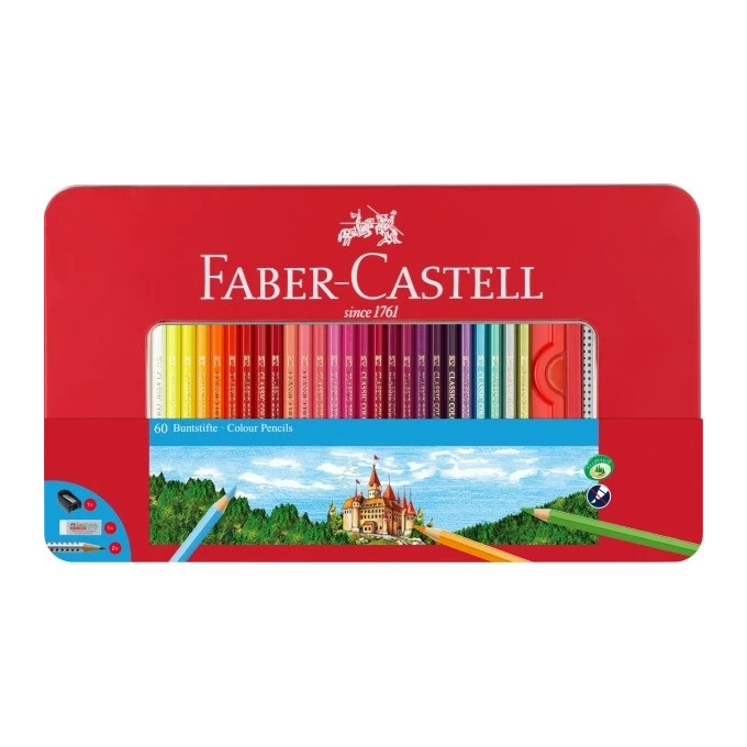 KREDKI ZAMEK FABER-CASTELL, 60 KOLORÓW + 2 OŁÓWKI + GUMKA + TEMPERÓWKA 
