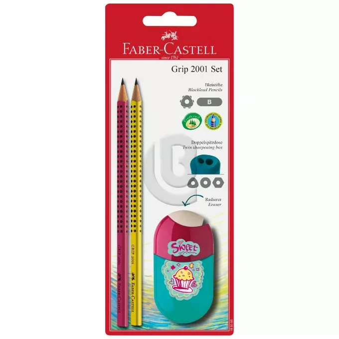 ZESTAW GRIP 2001 TREND FABER-CASTELL, 2X OŁÓWEK+TEMPERÓWKA Z GUMKĄ