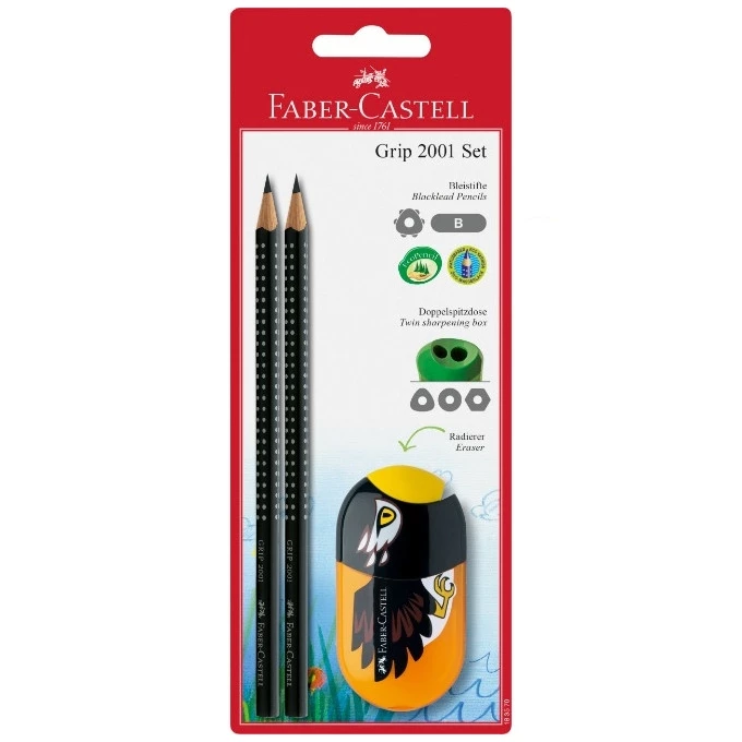 ZESTAW GRIP 2001 FABER-CASTELL - 2 OŁÓWKI + TEMPERÓWKA Z GUMKĄ