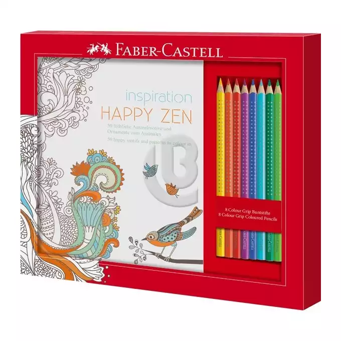 ZESTAW UPOMINKOWY HAPPY ZEN FABER-CASTELL, 8 KREDEK GRIP 2001 + KOLOROWANKA