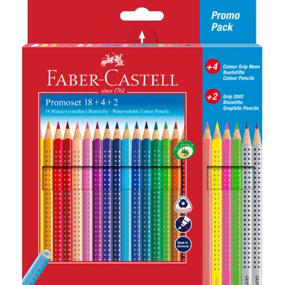 KREDKI GRIP 2001 FABER-CASTELL, 18 KOLORÓW + 4 KOLORY NEONOWE + 2 OŁÓWKI