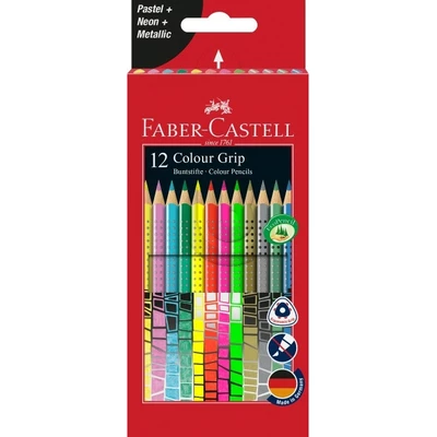 KREDKI GRIP 2001 FABER-CASTELL, 12 KOLORÓW PASTEL + NEON + METALIC