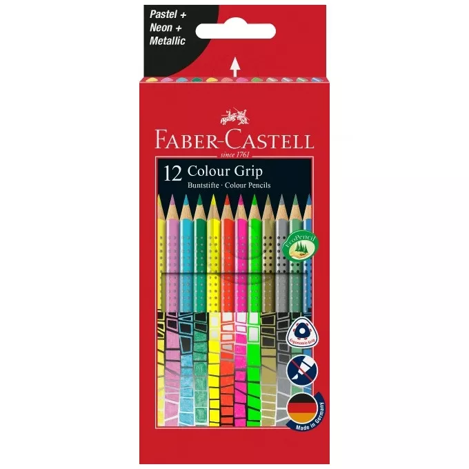 KREDKI GRIP 2001 FABER-CASTELL, 12 KOLORÓW PASTEL + NEON + METALIC