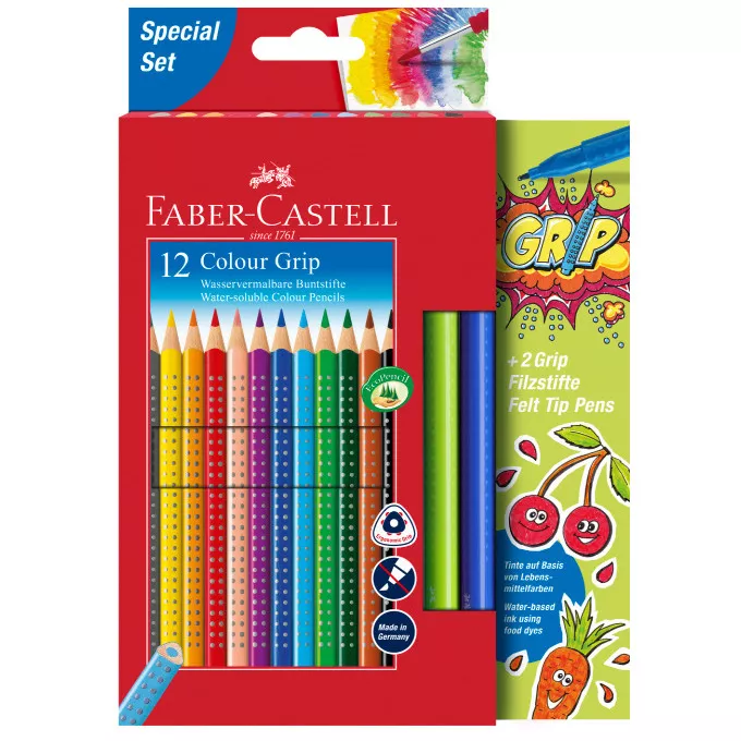 KREDKI GRIP 2001 FABER-CASTELL, 12 KOLORÓW + 2 PISAKI