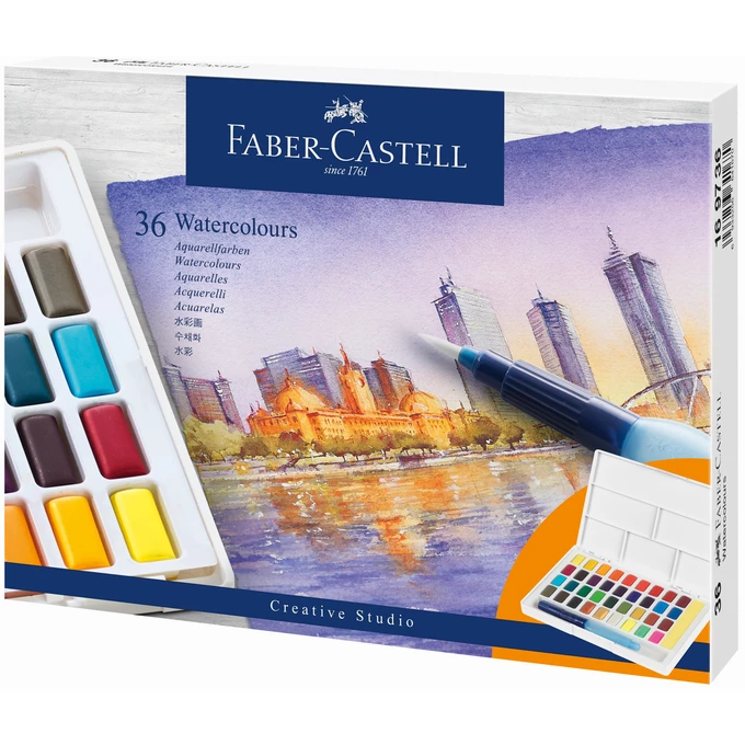 FARBY AKWARELOWE W KOSTKACH CREATIVE STUDIO FABER-CASTELL, 36 KOLORÓW + PĘDZELEK AKWARELOWY