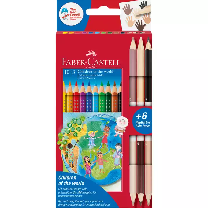 KREDKI GRIP 2001 FABER-CASTELL EDYCJA CHILDREN OF THE WORLD, 10 KOLORÓW + 3 KREDKI DWUSTRONNE W KOLORACH SKÓRY