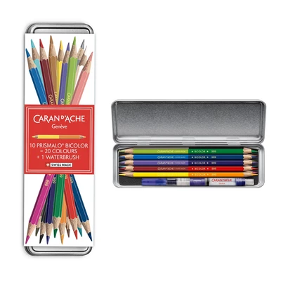 Kredki akwarelowe Prismalo Aquarelle Bicolor Caran d’Ache, limitowana edycja upominkowa 10 dwustronnych kredek + pędzel