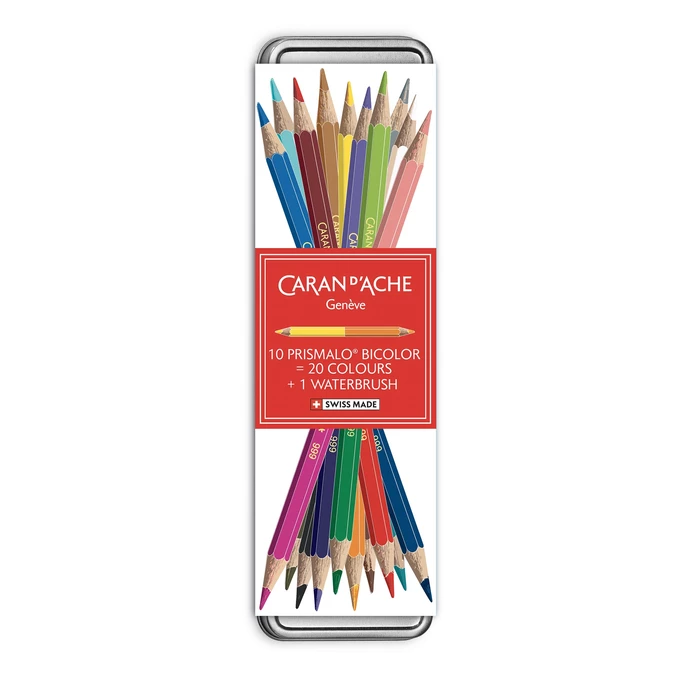 Kredki akwarelowe Prismalo Aquarelle Bicolor Caran d’Ache, limitowana edycja upominkowa 10 dwustronnych kredek + pędzel