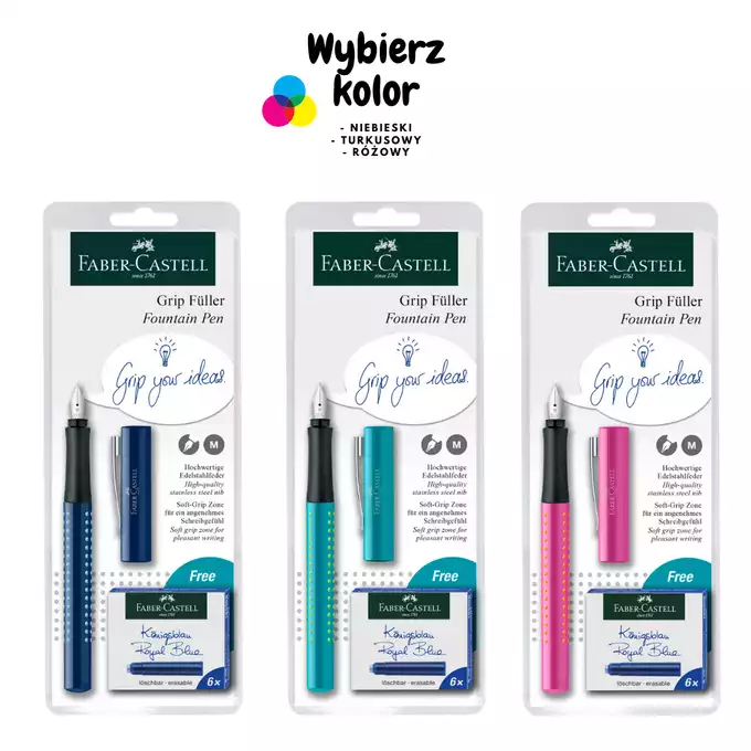PIÓRO WIECZNE GRIP 2010 FABER-CASTELL, STALÓWKA M + NABOJE - MIX KOLORÓW