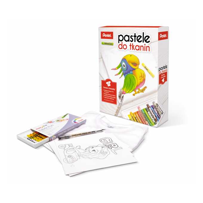 Zestaw kreatywny Pentel: 15 pasteli do tkanin, długopis, szablony i koszulka