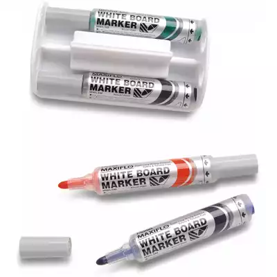 Marker z tłoczkiem Pentel Maxiflo M do białych tablic, 4 kolory + gąbka magnetyczna