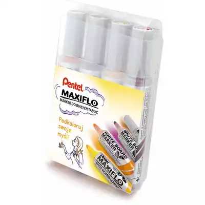 Markery z tłoczkiem Pentel Maxiflo M do białych tablic, 4 kolory - brązowy, żółty, fioletowy, pomarańczowy