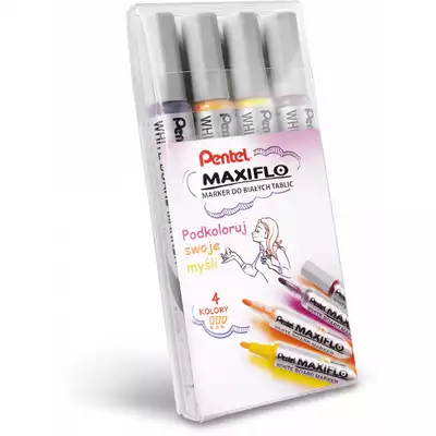 Markery z tłoczkiem Pentel Maxiflo do białych tablic, cienka końcówka S, 4 kolory: brązowy, fioletowy, pomarańczowy, żółty