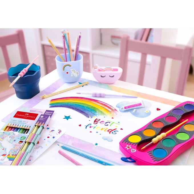 FARBY SZKOLNE CONNECTOR EDYCJA JEDNOROŻEC - UNICORN 12 KOL. + BROKAT W ŻELU + NAKLEJKI, RÓŻOWA KASETKA FABER-CASTELL