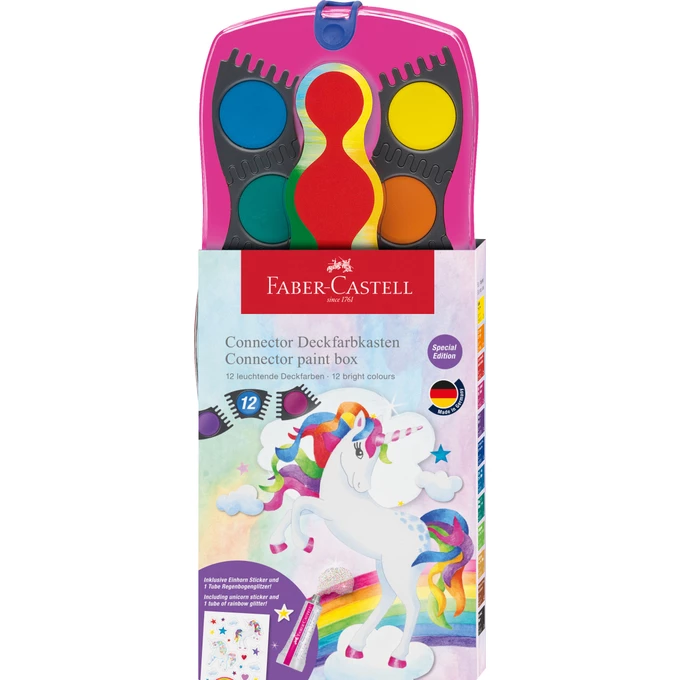 FARBY SZKOLNE CONNECTOR EDYCJA JEDNOROŻEC - UNICORN 12 KOL. + BROKAT W ŻELU + NAKLEJKI, RÓŻOWA KASETKA FABER-CASTELL