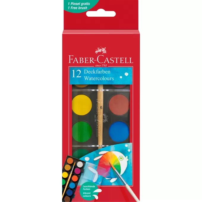 FARBY SZKOLNE FABER-CASTELL, 24 MM, KASETKA MAŁA 12 KOLORÓW + PĘDZELEK