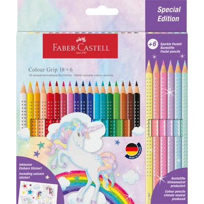 KREDKI GRIP 2001 EDYCJA JEDNOROŻEC - UNICORN, 18 KREDEK GRIP + 6 KREDEK SPARKLE PASTELOWYCH + NAKLEJKI FABER-CASTELL