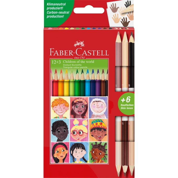 KREDKI TRÓJKĄTNE CHILDREN OF THE WORLD 12 KOL. + 3 KREDKI DWUSTRONNE W ODCIENIACH SKÓRY FABER-CASTELL