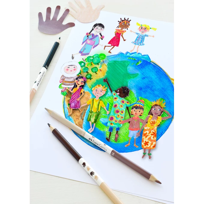 KREDKI TRÓJKĄTNE CHILDREN OF THE WORLD 12 KOL. + 3 KREDKI DWUSTRONNE W ODCIENIACH SKÓRY FABER-CASTELL