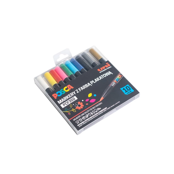 MARKER UNI POSCA PCF-350 Z KOŃCÓWKĄ - PĘDZELKIEM, ZESTAW 10 SZT