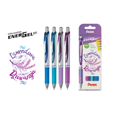 ZESTAW CZTERECH PIÓR KULKOWYCH PENTEL 0,7 MM ENERGEL, LAWENDOWA PROWANSJA