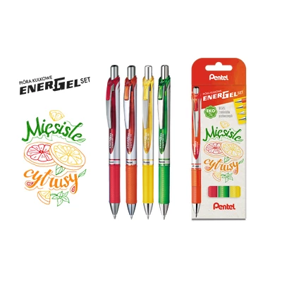 ZESTAW CZTERECH PIÓR KULKOWYCH PENTEL 0,7 MM ENERGEL, MIĘSISTE CYTRUSY