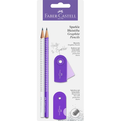 ZESTAW SPARKLE &amp; SLEEVE FABER-CASTELL: 2 OŁÓWKI, TEMPERÓWKA I GUMKA (KOLORY: BIAŁY I FIOLETOWY)